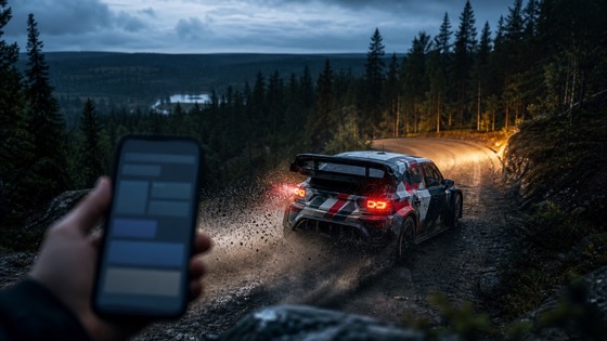 Fiktiivne ralliauto kihutab metsateel ning kõrval on ilma brändita panusekupongi ekraan.